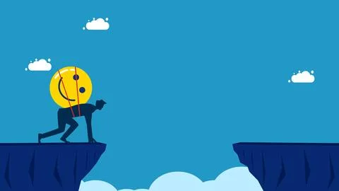 Optimistic to take risks. Positive businessman preparing to jump over a high  Illustrazione stock