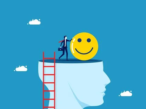 Optimistic thoughts. man with happiness icon standing on big head Stock Illustration