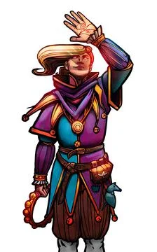 Optimistic young smiling guy is a clown in a nice suit. with bells in his han Stock-Illustration