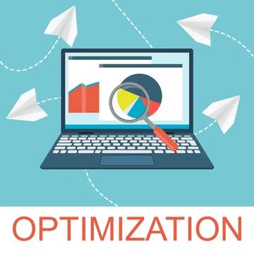 Optimization marketing analysis banner text with laptop search loupe chart Stock Illustration