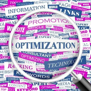 OPTIMIZATION OPTIMIZATION. Word cloud illustration. Tag cloud concept coll... Stock Photos