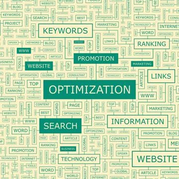 OPTIMIZATION OPTIMIZATION. Word cloud illustration. Tag cloud concept coll... Stock Photos