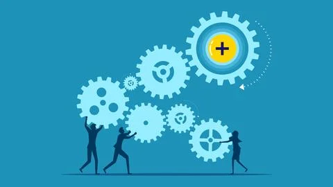 Optimization process. Business team connecting gear drive mechanism Stock Illustration