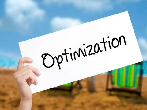 Optimization  Sign on white paper. Man Hand Holding Paper with text. Isolated Foto stock