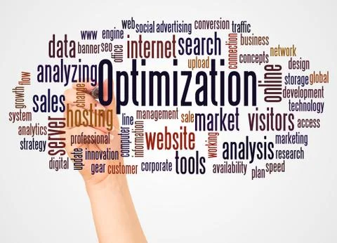 Optimization word cloud and hand with marker concept Stock Photos