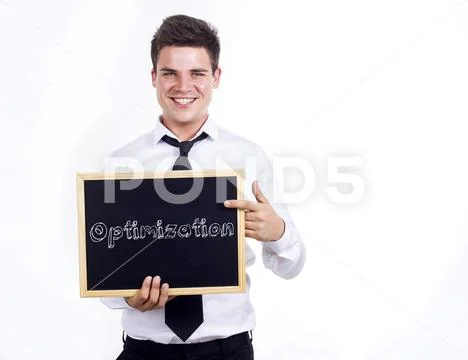 Optimization - Young smiling businessman holding chalkboard with text Stock Photos
