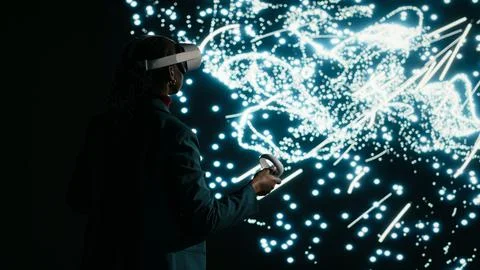 Optimizing AI neural network, virtual reality simulation and programmer Stock-Fotos