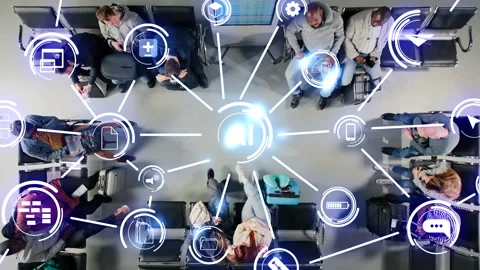 Optimizing airport operations, AI tech VFX compositing and diverse people Stock Footage 334936332