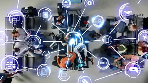 Optimizing airport operations, AI technology VFX, and top down view of travelers Stock Footage 334936026