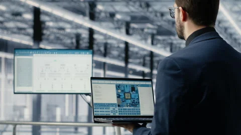 Optimizing conveyor belt workflow, simulation and man in microchip smart factory 스톡 동영상 333384075