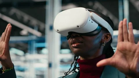 Optimizing gear rigs, VR glasses and female engineer in data center Stock Footage 329452634