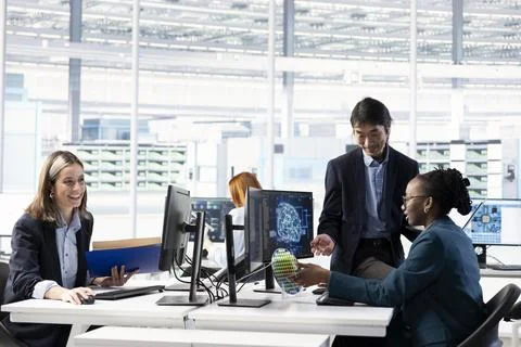 Optimizing hardware, AI model and man with woman in microchip factory RD office Stock Photos