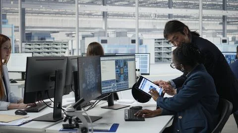 Optimizing microchip production, AI and senior manager with woman in factory Stock Photos