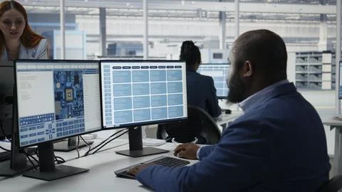 Optimizing microchip production, PC software and technician in factory Stock Photos