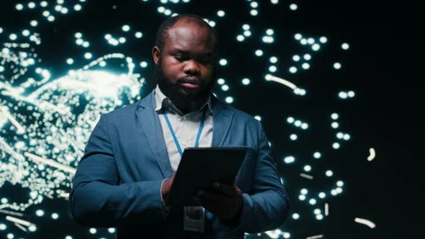 Optimizing neural network, tablet and computer scientist using AR simulation Stock Footage 330029262