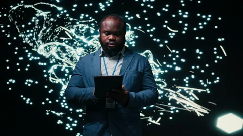 Optimizing neural network, tablet and computer scientist using AR simulation Stock Footage 330087004