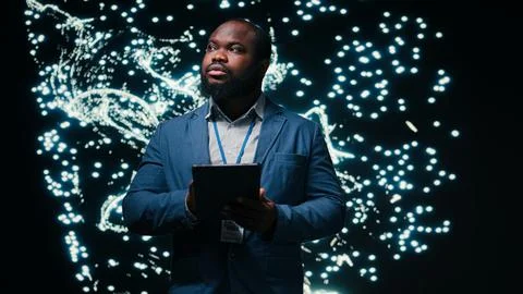 Optimizing neural network, tablet and computer scientist using AR simulation Stock Photos
