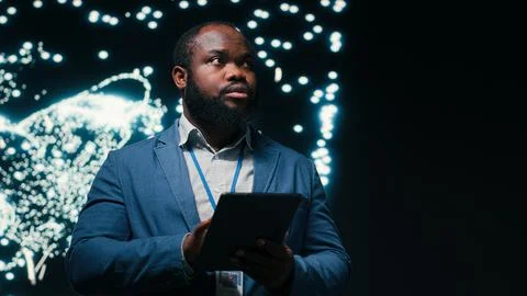 Optimizing neural network, tablet and computer scientist using AR simulation Stock Photos