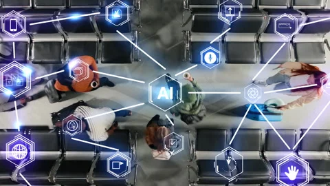 Optimizing passenger flow, AI model HUD and airport analyzing movement Stock Footage 334935091