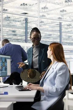 Optimizing PCB production, microchip research office and hardware designers Stock Photos