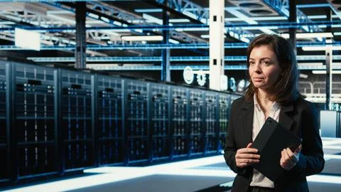 Optimizing server load, VFX compositing and female programmer in data center Foto stock