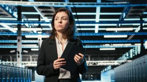 Optimizing server load, VFX compositing and female programmer in data center Foto stock