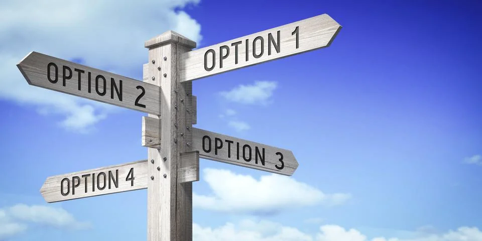 Option 1, 2, 3, 4 - wooden signpost with four arrows - 3D rendering Stock Illustration