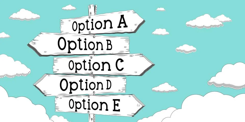 Option A, B, C, D, E - outline signpost with five arrows Stock Illustration