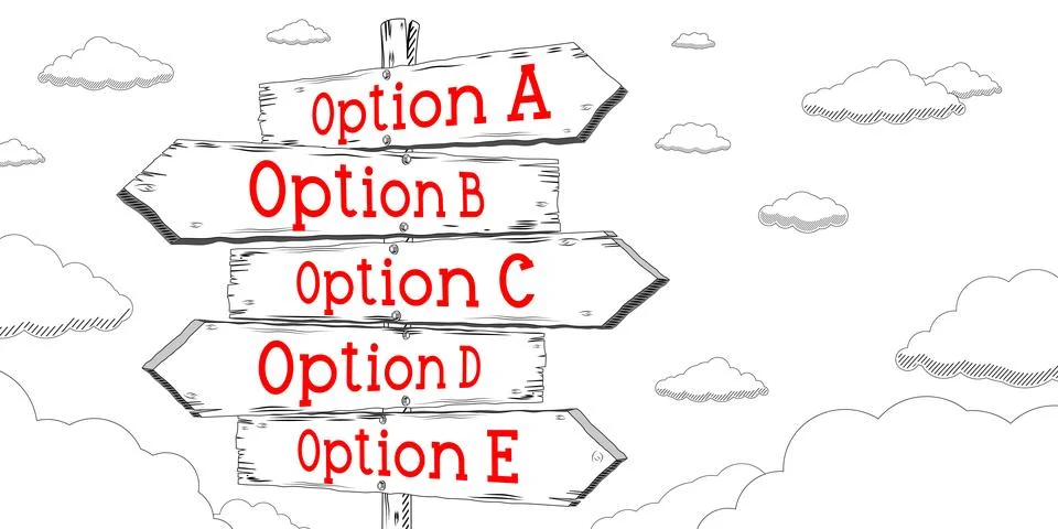 Option A, B, C, D, E - outline signpost with five arrows Stock Illustration