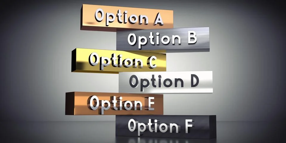 Option A, B, C, D, E, F - words on metal blocks - 3D illustration Illustrazione stock