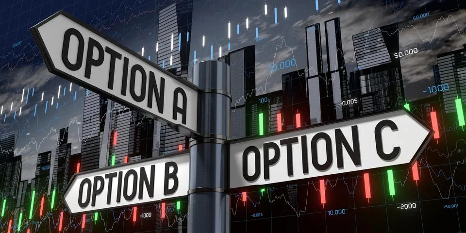 Option A, Option B, Option C - Signpost with Three Arrows - 3D illustration Stock Illustration