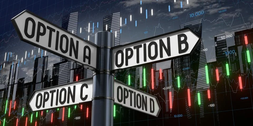 Options A, B, C, D - Signpost with Four Arrows - 3D illustration Illustrazione stock