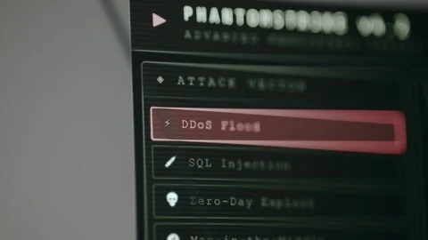 Options for different types of cyberattacks , DDoS Flood, SQL Injection, Zero Stock Footage 330661736