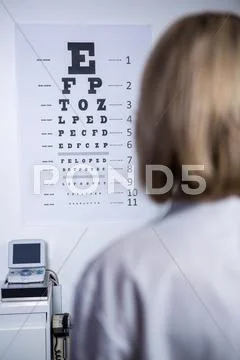 Optometrist looking at eye chart Stock Photos