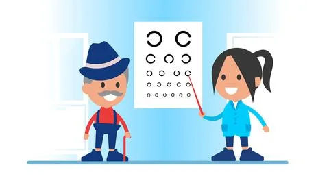 Optometrist measuring the elder patient’s visual acuity. Stock Illustration