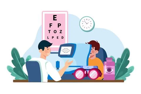 An optometrist performs eye exams and prescribes corrective lenses. Stock Illustration