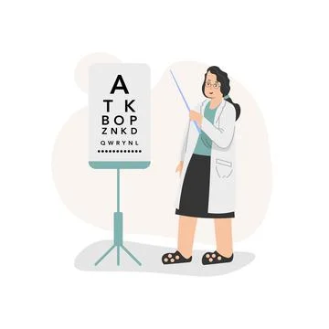 The optometrist stands with a pointer and points to a stand to test vision Stock Illustration