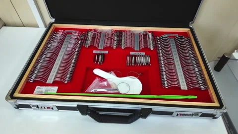 Optometrist's diopter tools in an optical lab, featuring a case with a full set Stock Footage 303374111