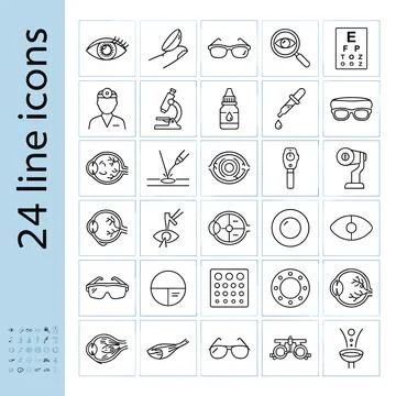 Optometry and ophthalmology line icons set for eye care, vision testing, an.. Stock Illustration