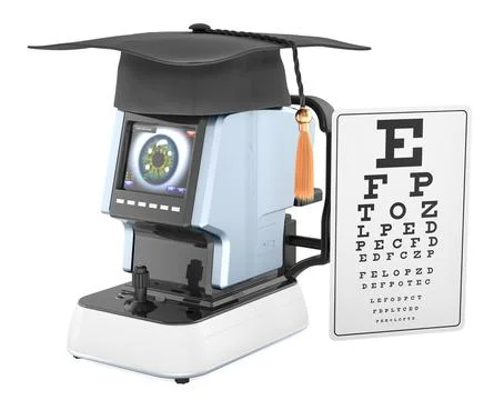 Optometry education or training optometrist. Automatic refractometer with g.. Illustrazione stock