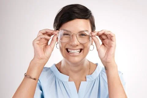 Optometry, glasses and portrait of happy woman in studio for frames, prescr.. Stock Photos