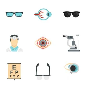 Optometry icons set, flat style Stock Illustration