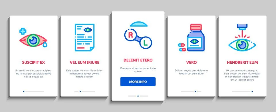 Optometry Medical Aid Onboarding Elements Icons Set Vector Illustrazione stock