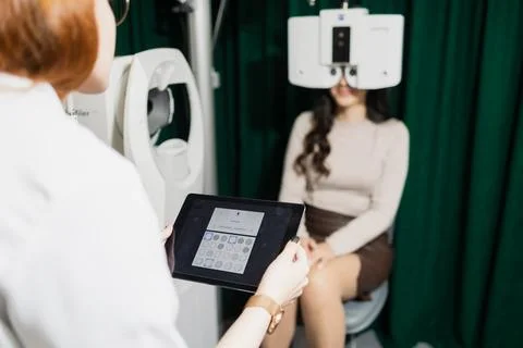 Optometry patient undergoing phoropter vision test Stock Photos