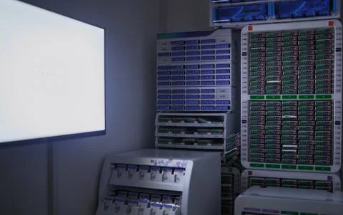 Optometry screen, vision or eyes test in dark empty room with mockup space Stock Photos