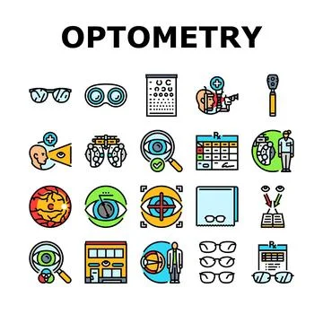 Optometry vision eye glasses icons set vector Stock Illustration
