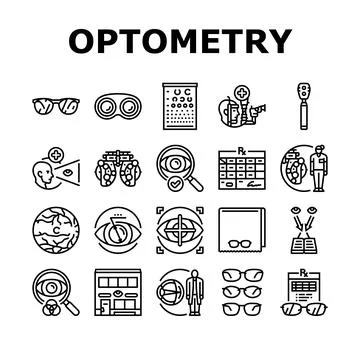 Optometry vision eye glasses icons set vector Stock Illustration
