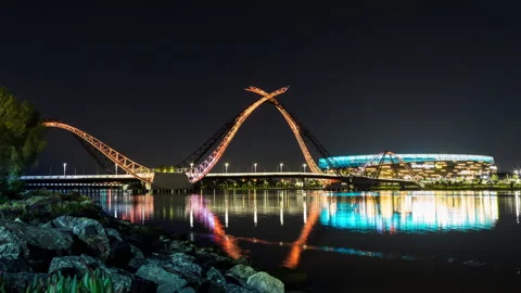 Optus Stadium and Matagarup Bridge Day to Night Slide Timelapse Stock Footage 158664871