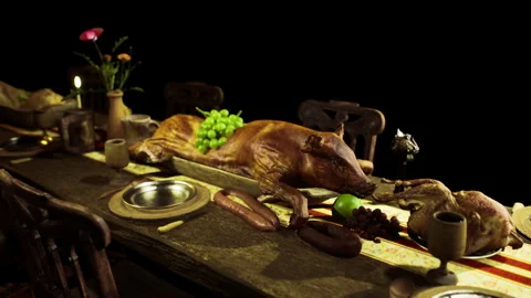 Opulent manor celebration featuring lavish food and dazzling lighting Stock Footage 339628486