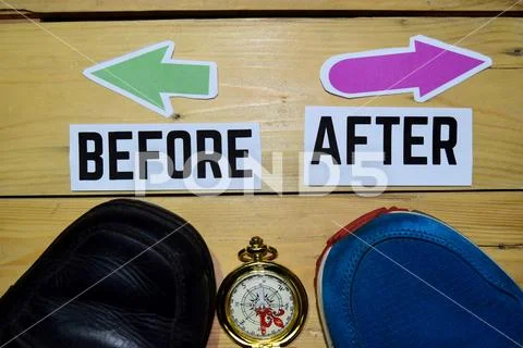 Before or After opposite direction signs with boots, sneakers and compass Stock Photos